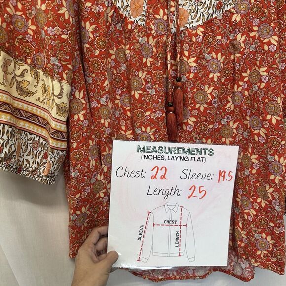 Jane And Delancey Floral 3/4 Sleeve Hi Lo Swing Top Tassel Tie Boho Peasant sz L - Picture 5 of 11